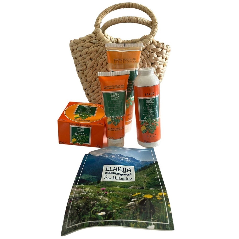Elaria Perlier White Tea Bergamot Set Talc Shower Gel Hand Body Cream Basket